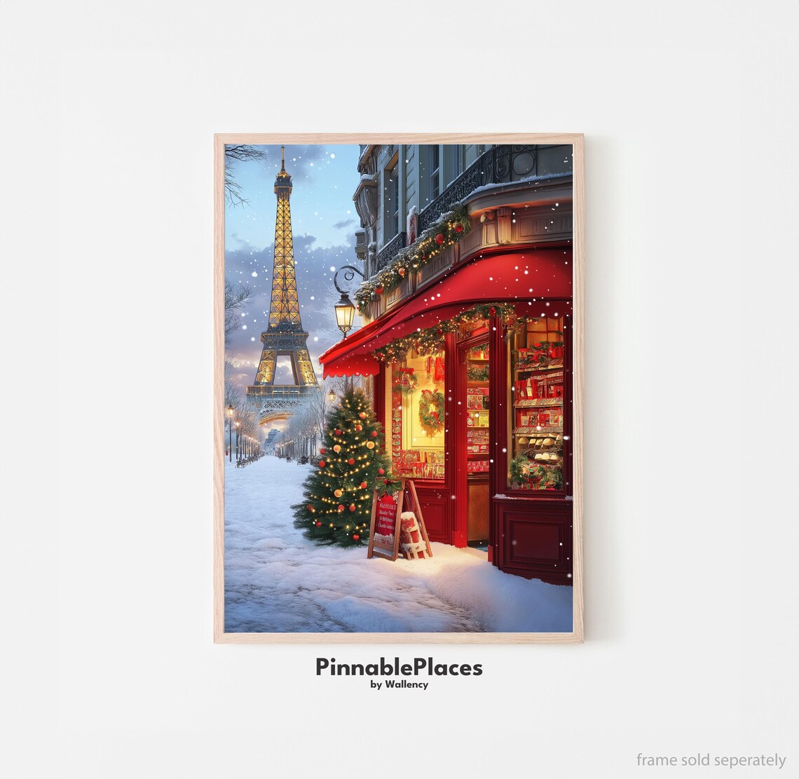 Snowy Paris Eiffel Tower Christmas Shop Holiday Winter Art Poster
