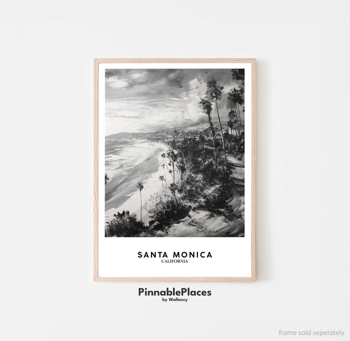 Santa Monica California Coast Black White Oil Painting Poster