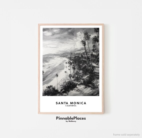 Santa Monica California Coast Black White Oil Painting Poster