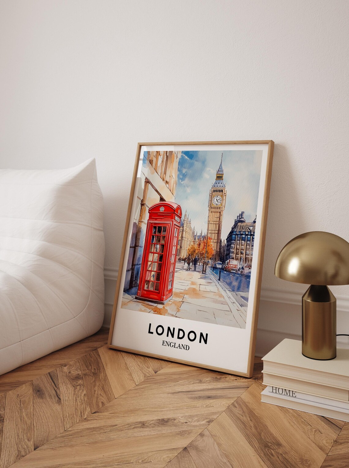 London England Big Ben Red Phone Booth Watercolor City Scene Poster