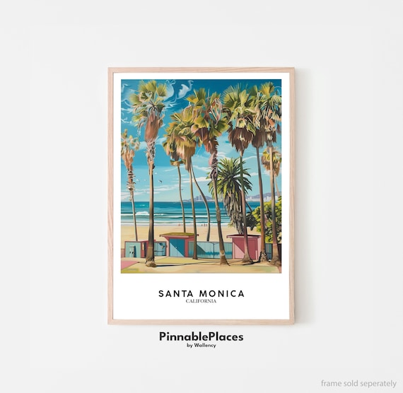 Santa Monica California Palm Beach Illustration Coastal Travel Poster