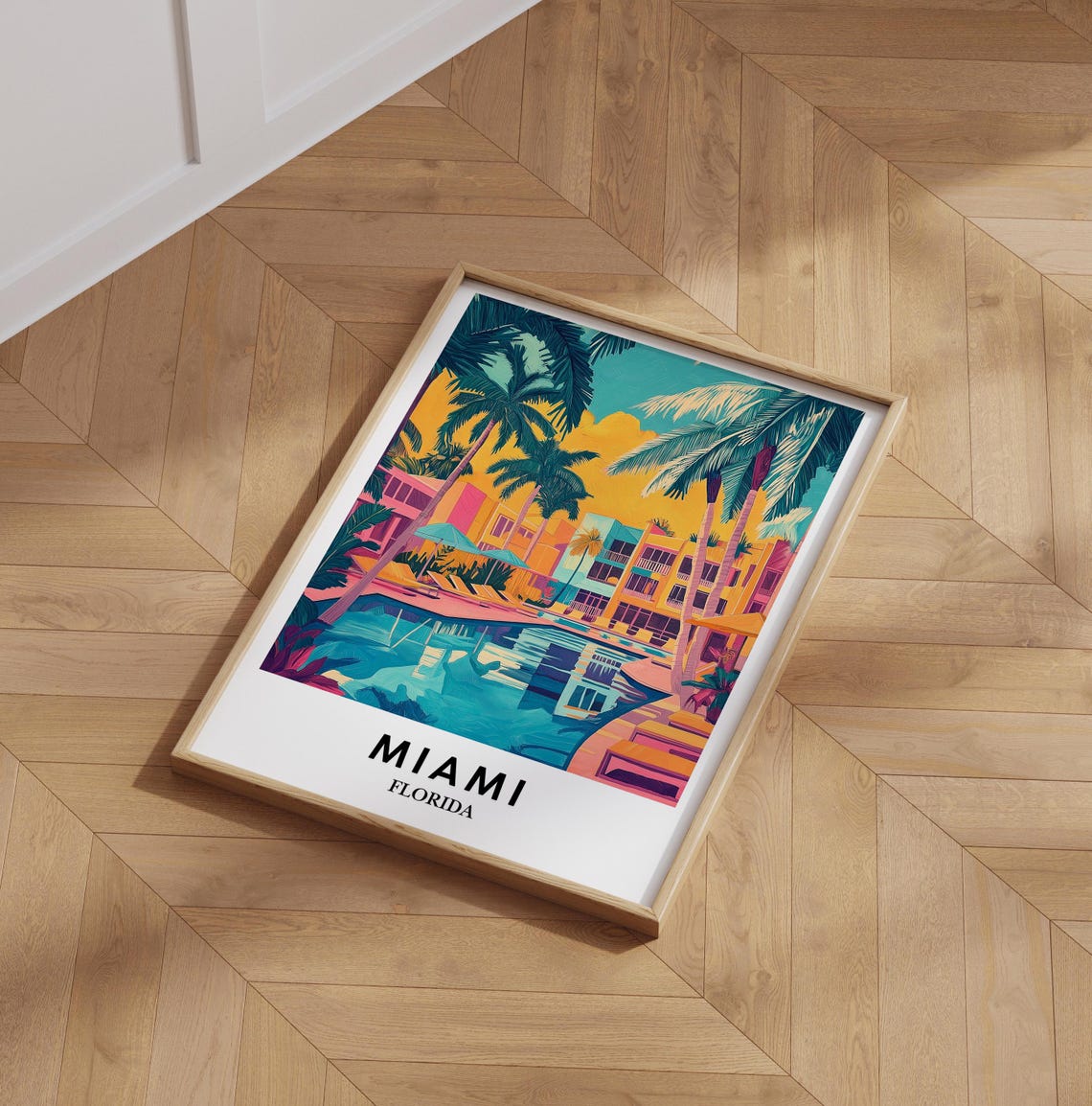 Miami Florida Neon Poolside Palm Retro Tropical Travel Poster
