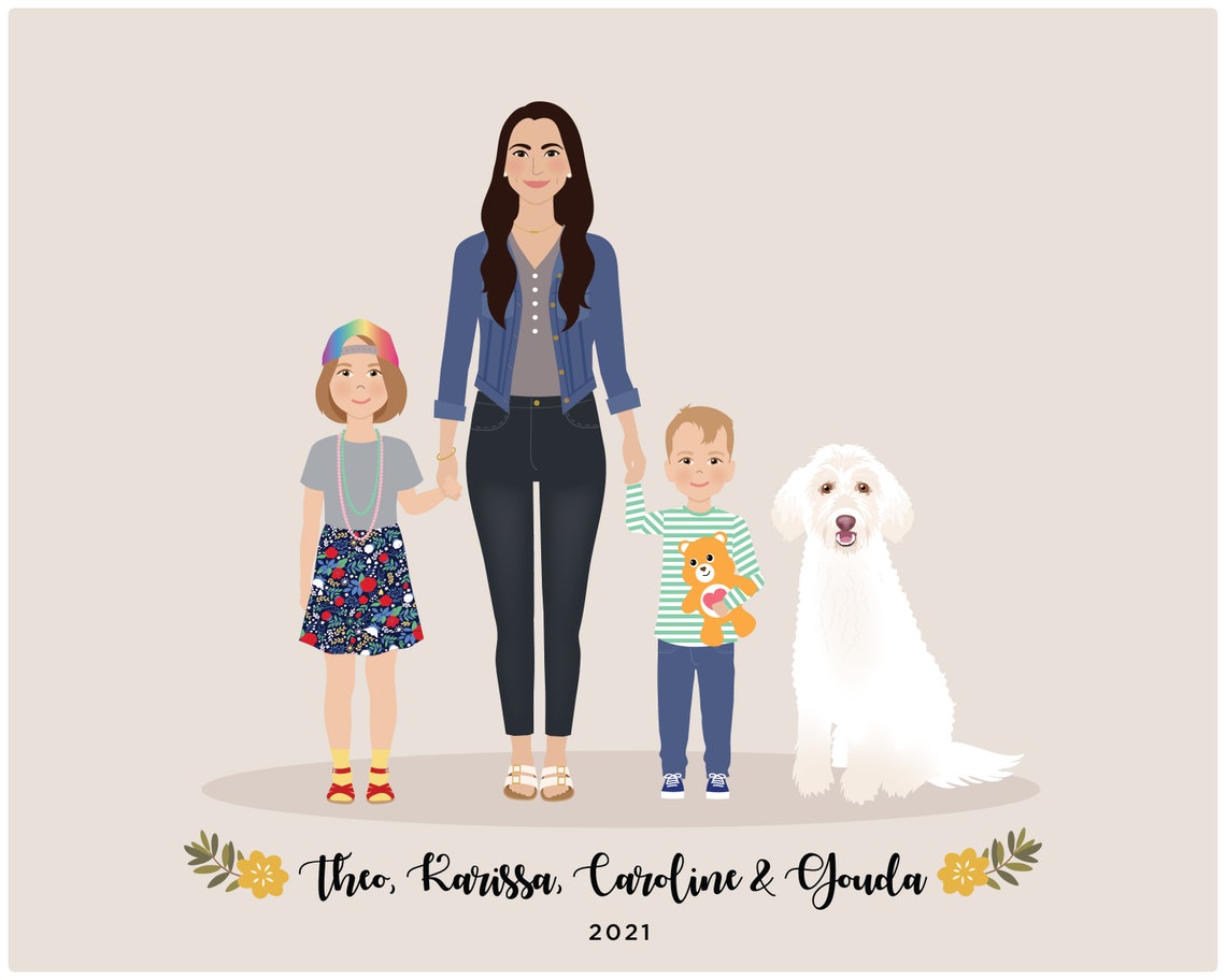 Personalized Family of Five with Dog Illustration Portrait Poster - Image 2