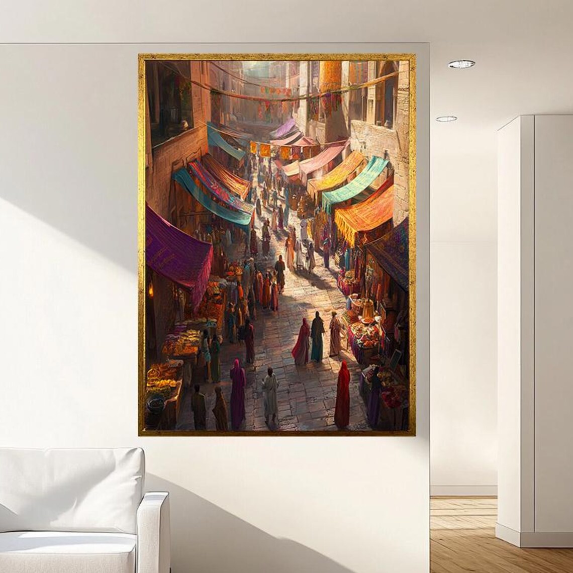 Busy Middle Eastern Market Street With Colorful Fabric Awnings Poster