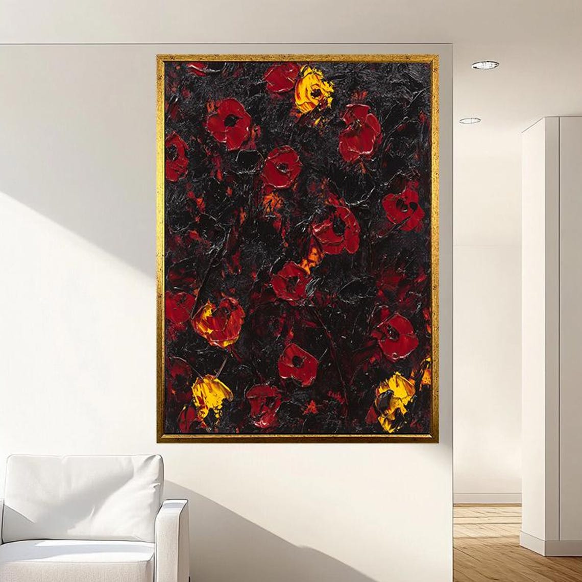 Abstract Red Poppy Wall Art Print Modern Floral Painting Black And Red Textured Artwork Bold Flower Wall Decor Large Wall Art