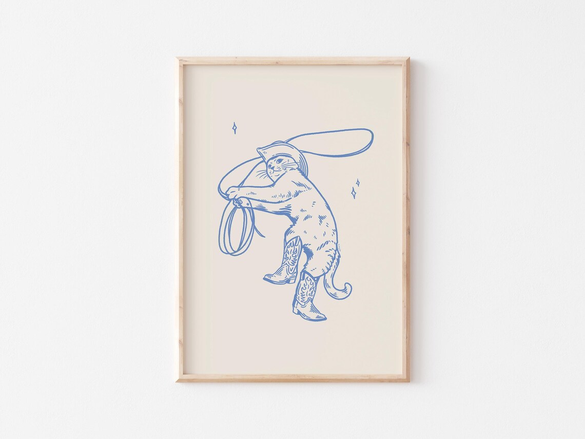 Blue Cowboy Cat Retro Vintage Western Cat Art - Image 3