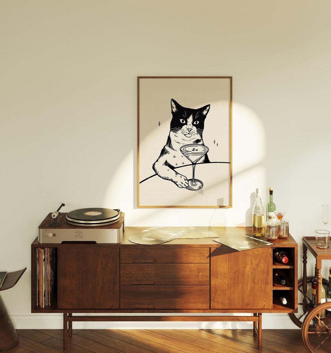 Martini Cocktail Cat Funny Retro Line Art Chic Bar Decor Feline Poster - Image 2