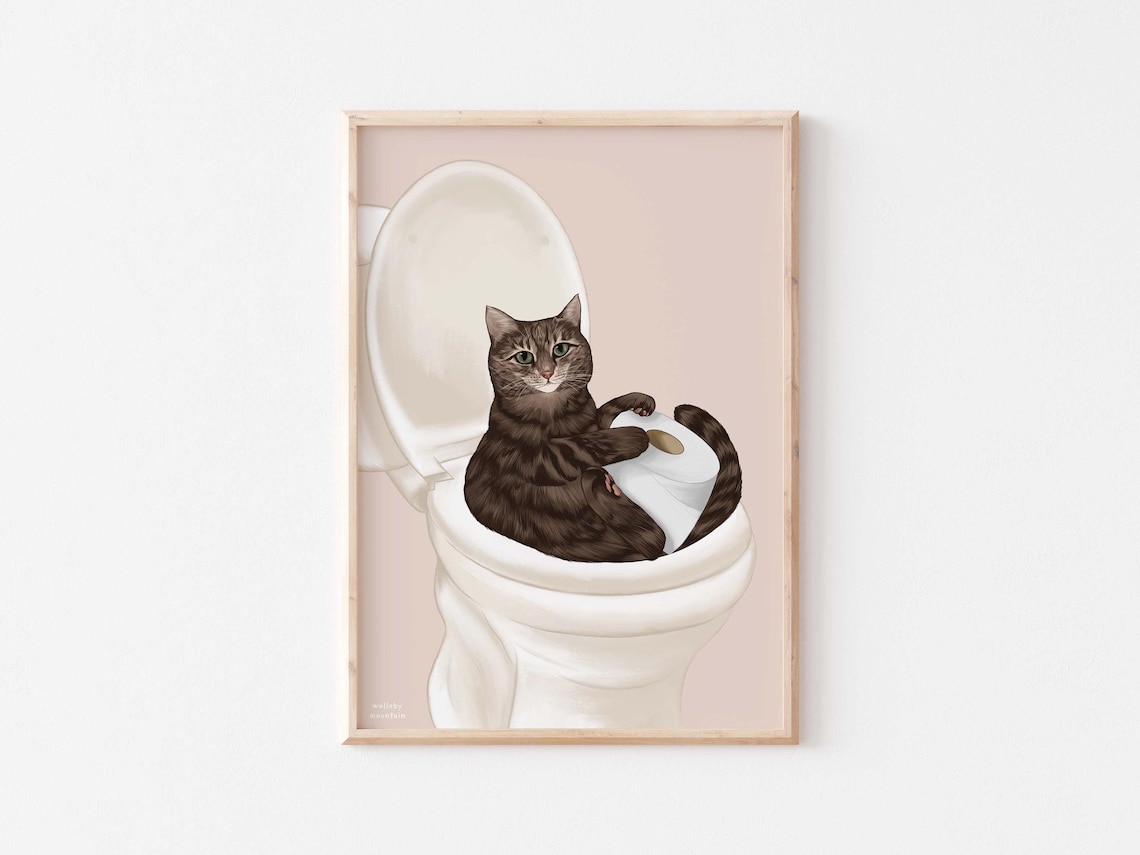 Cat On Toilet Print, Funny Bathroom Cat Art - Image 2