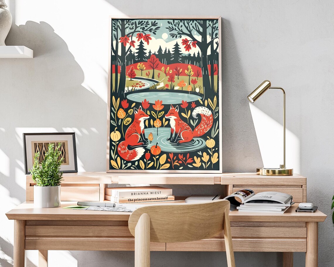 Two Red Foxes By Moonlit Pond Autumn Forest Foliage Woodland Art Poster - Image 4