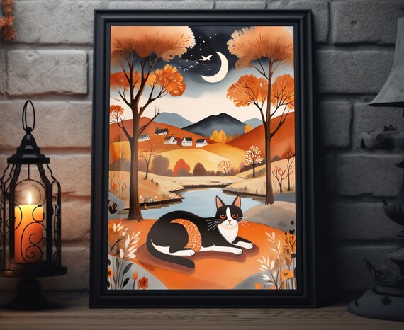 Black White Cat Autumn Lake Village Moon Night Fall Art Poster