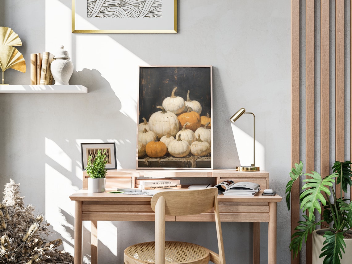 Vintage Pumpkin Still Life White Harvest Farmhouse Art Poster - Image 4