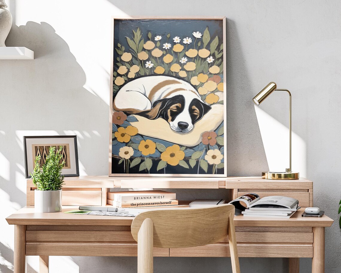 Sleeping Dog Floral Night Art Cozy Puppy Yellow Flowers Poster - Image 4