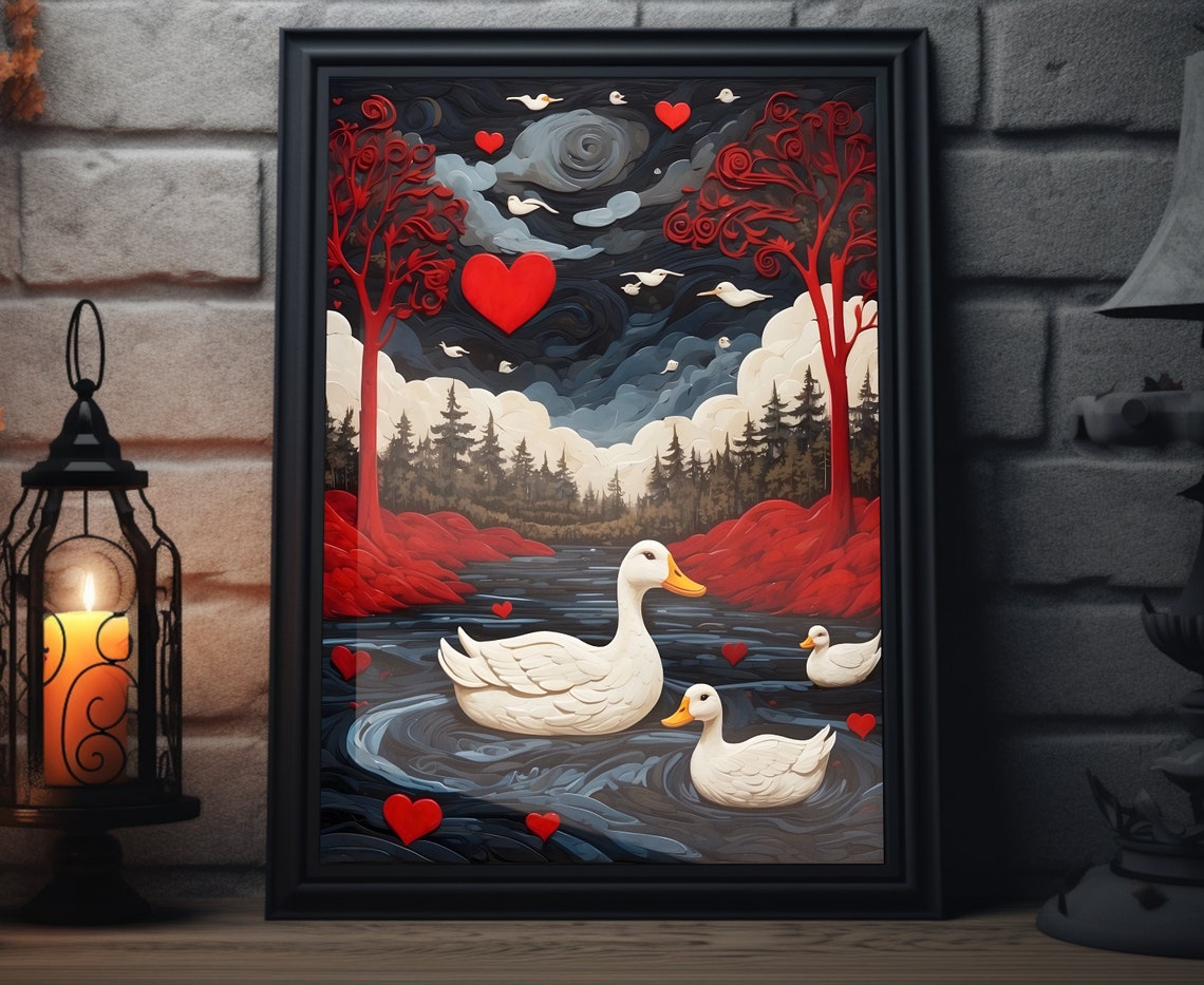 Valentines White Ducks River Red Hearts Moonlit Folk Art Poster