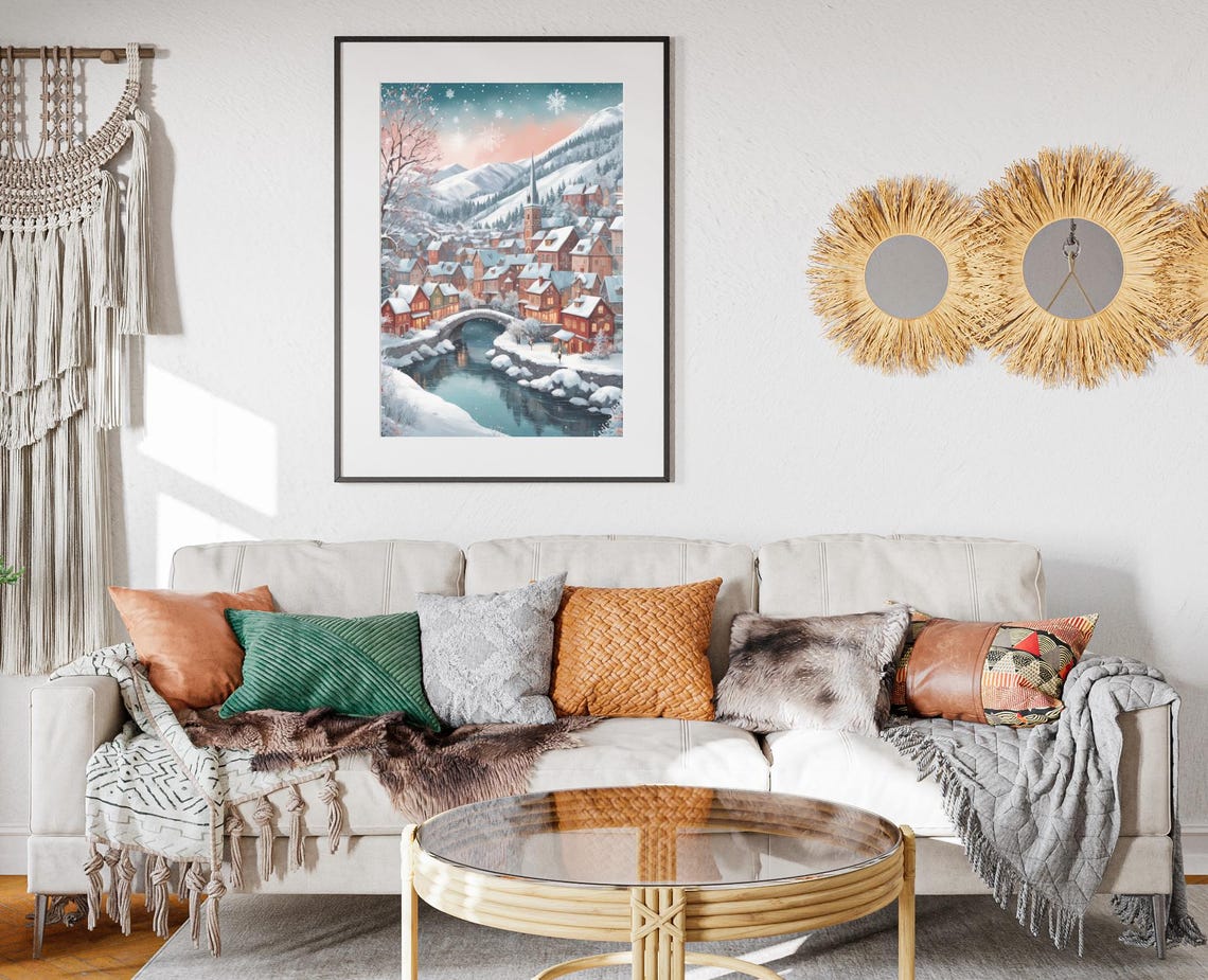 Winter Village Folk Art Print Snowy Church Town Painting Artwork Holiday Poster Wall Decor Christmas Winter Scene Art Print - Image 2