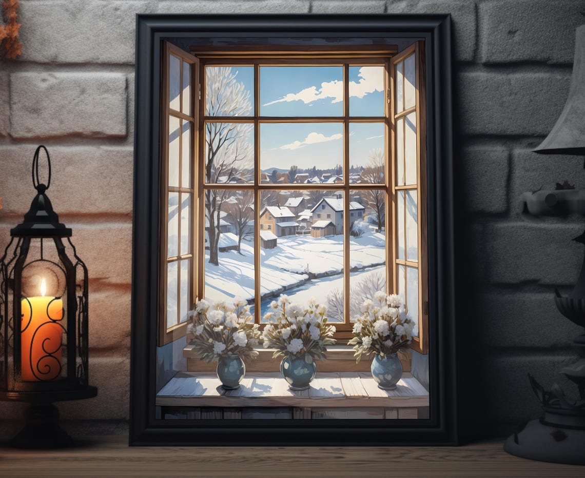 Snowy Village View Through Open Window White Flowers Art Poster