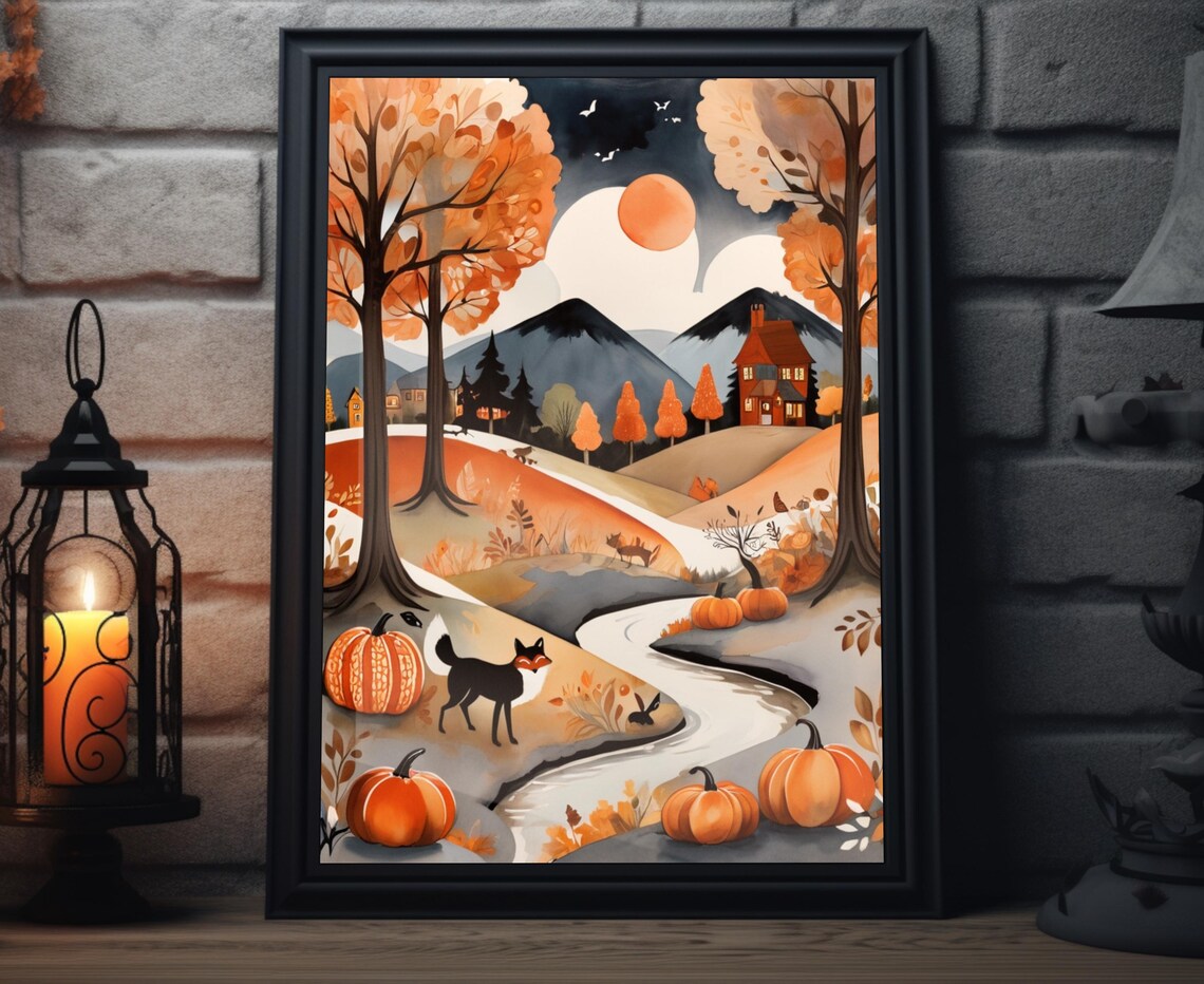 Autumn Fox Folk Art Poster Print, Thanksgiving Decor