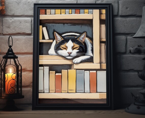 Calico Cat Sleeping On Bookshelf Among Books Cozy Wall Art Poster