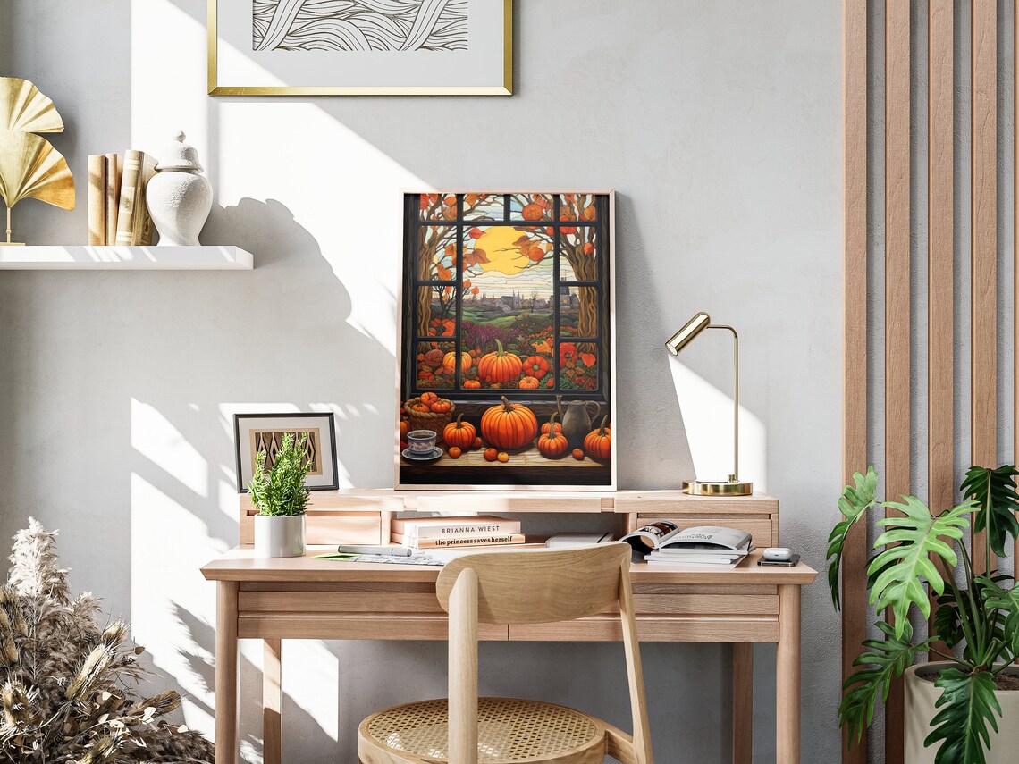 Autumn Pumpkin Patch Window View Thanksgiving Folk Art Poster - Image 4