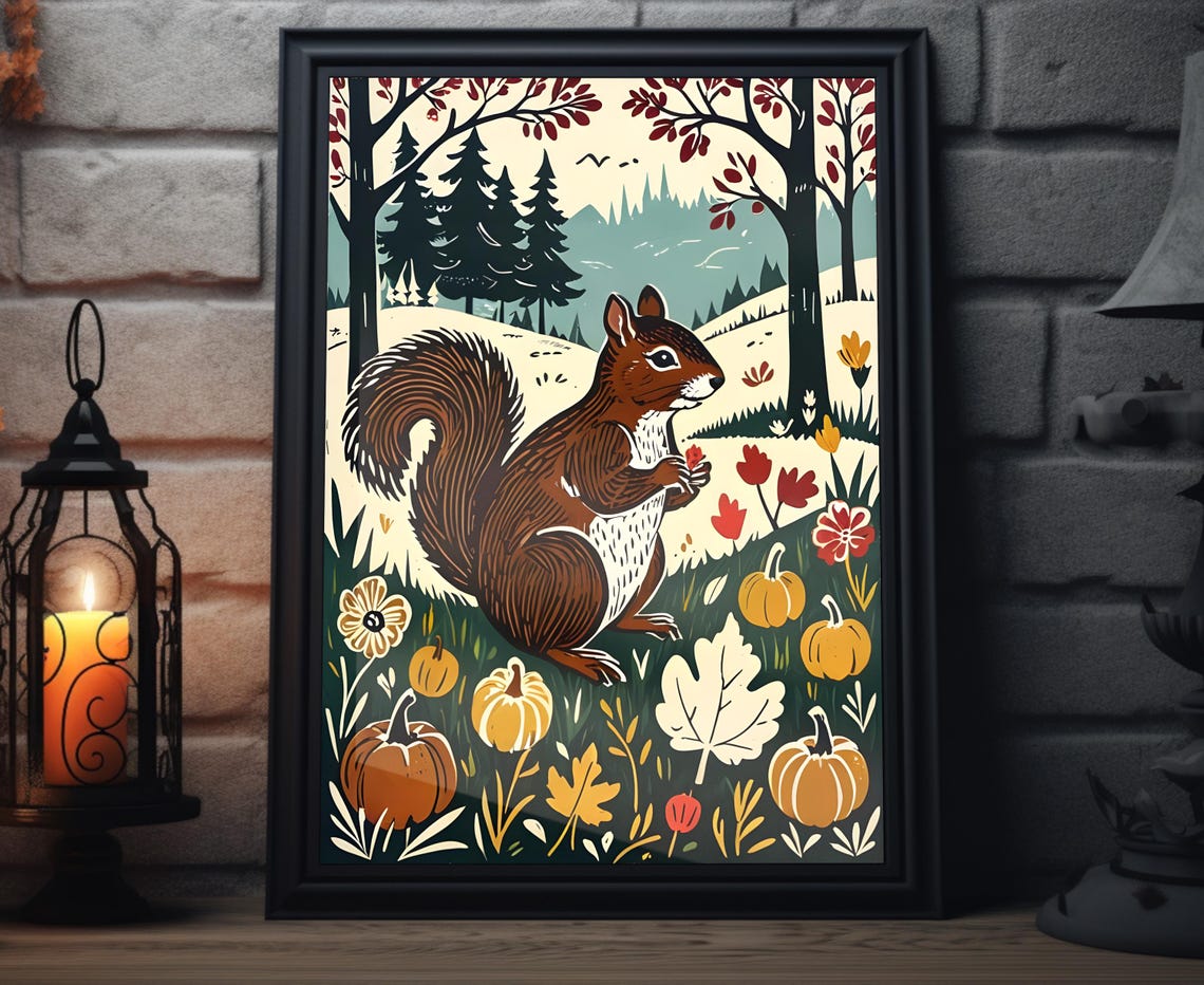 Cute Squirrel Eating Nut Autumn Pumpkins Woodcut Fall Art Poster