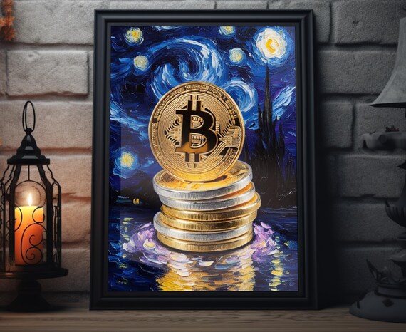 Bitcoin Gold Coins Stack Starry Night Swirl Crypto Wall Art Impressionist Poster