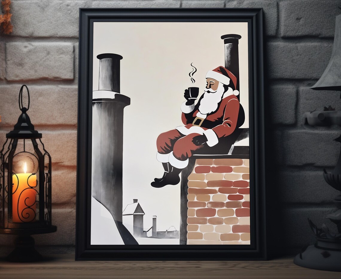 Santa Resting On Snowy Chimney Hot Cocoa Christmas Eve Poster