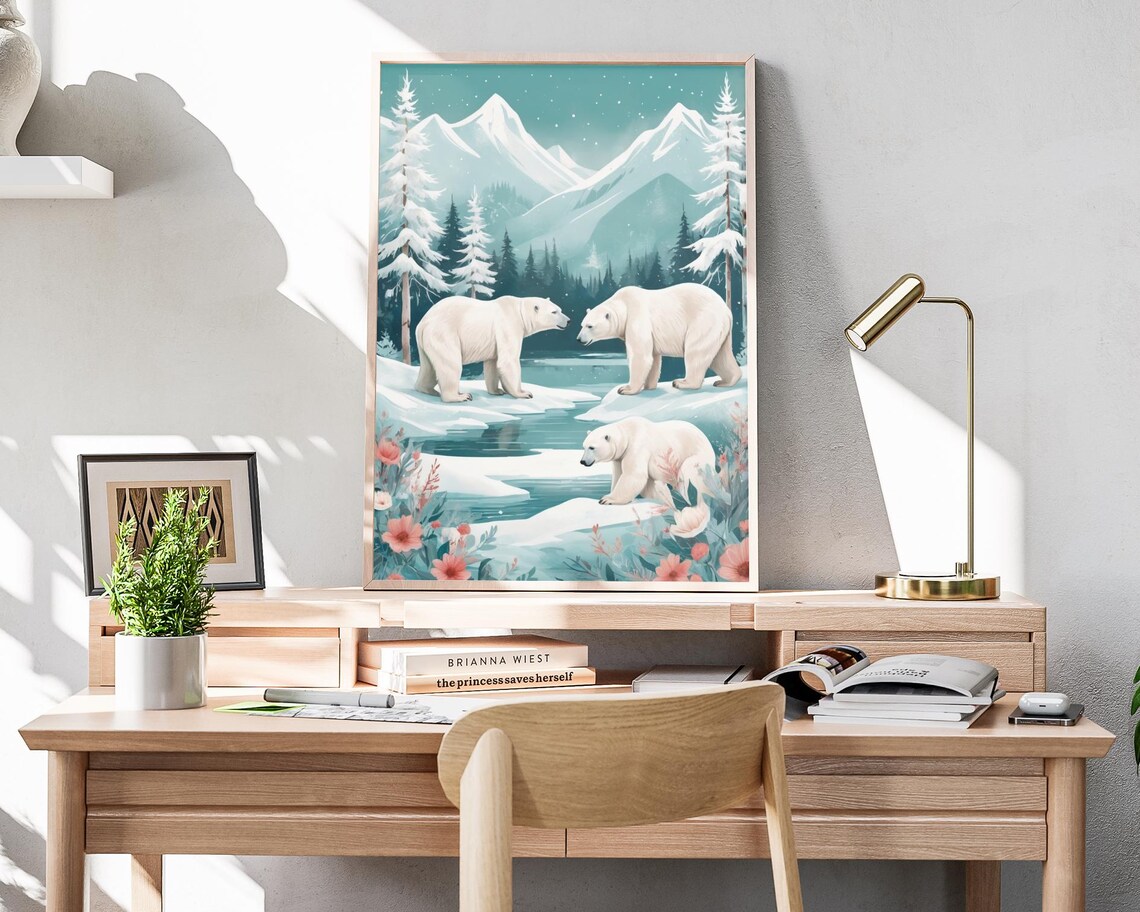 Polar Bears On Ice Floes With Snowy Mountains Winter Wall Art Poster - Image 4