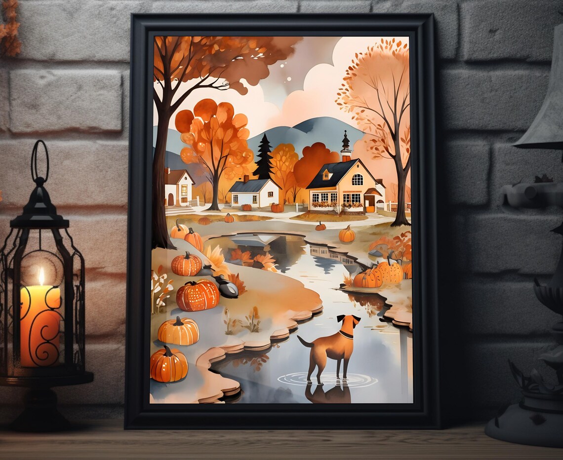 Brown Dog Standing In Pumpkin Pond Village Houses Autumn Folk Art Poster
