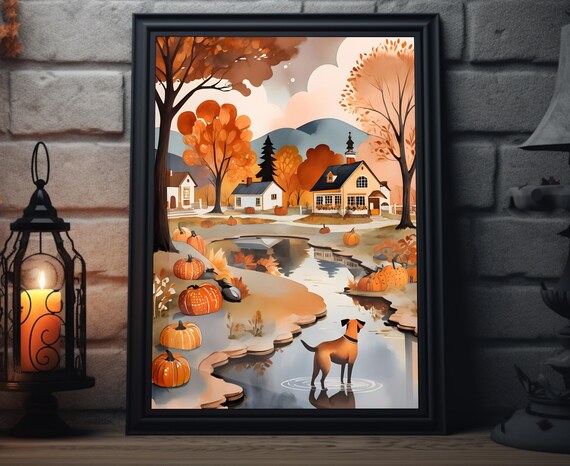 Brown Dog Standing In Pumpkin Pond Village Houses Autumn Folk Art Poster
