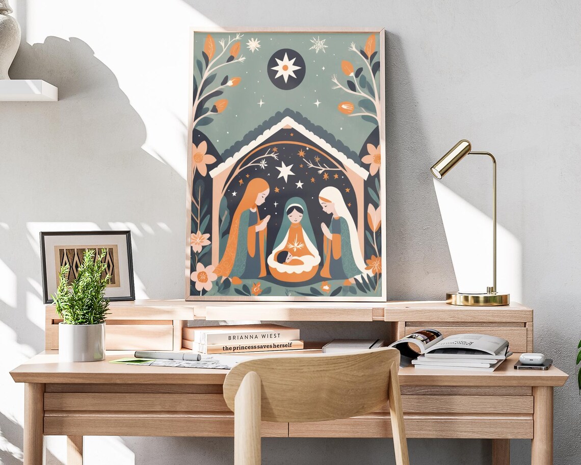 Boho Christmas Nativity Scene Baby Jesus Starry Night Floral Poster - Image 4