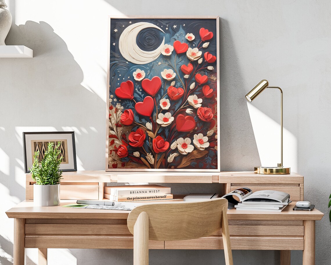 Valentines Quilled Heart Bouquet Roses Crescent Moon Romantic Poster - Image 4