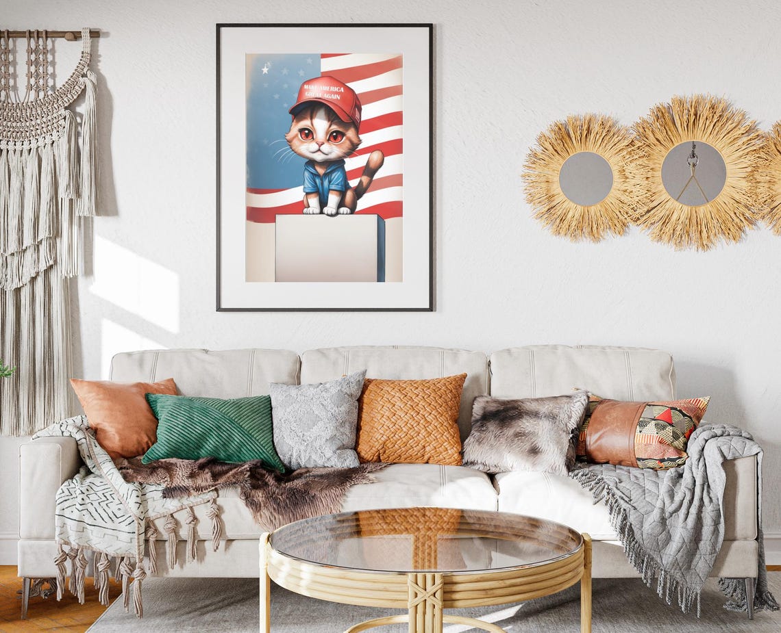 MAGA Kitten Caricature Red Cap Blue Jacket American Flag Cute Poster - Image 2