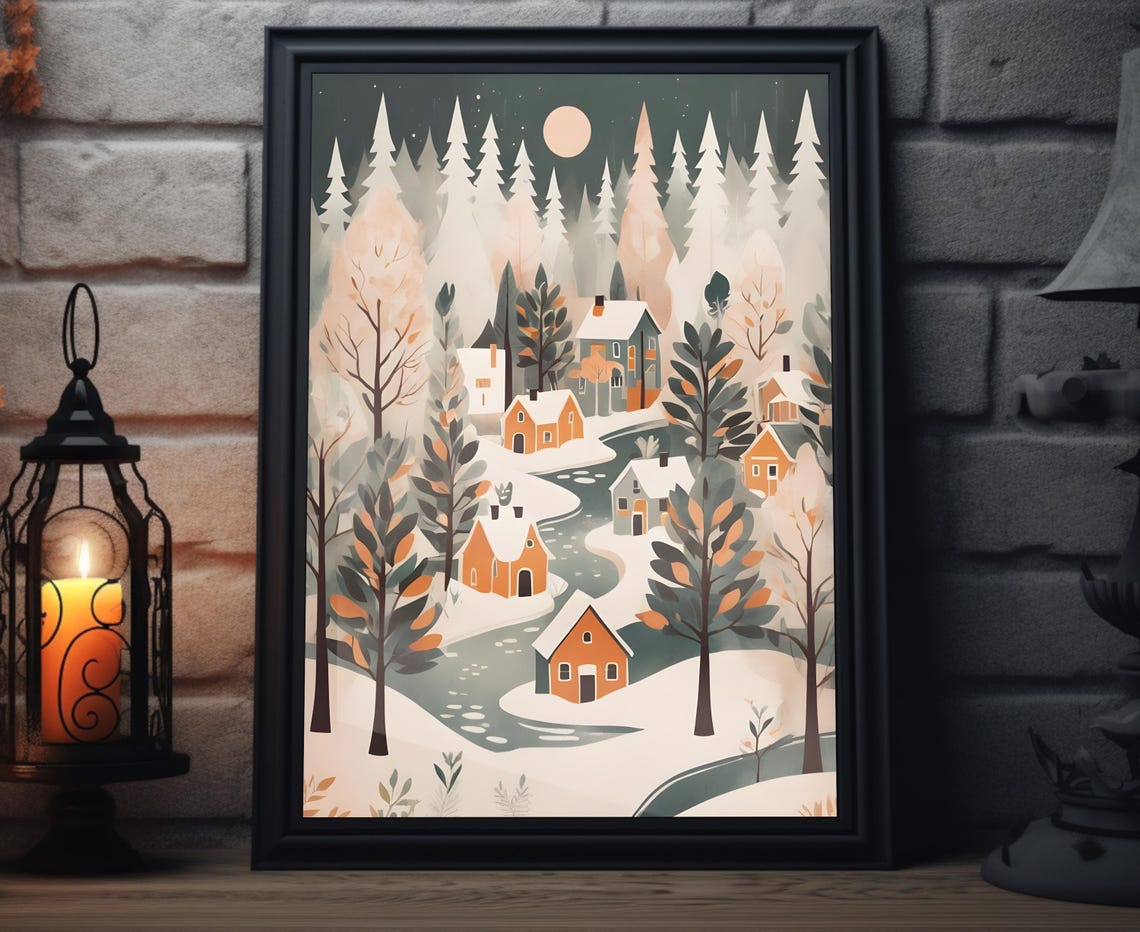 Winter Forest Village Moon Snow Pines Cozy Holiday Art Poster