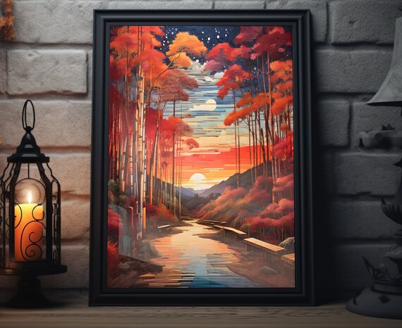 Japan Starry Sunset Matte Wall Art Japanese Scenic Artwork Bamboo Forest Print Tokyo Painting Japanese Decor Japan Folk Art Poster