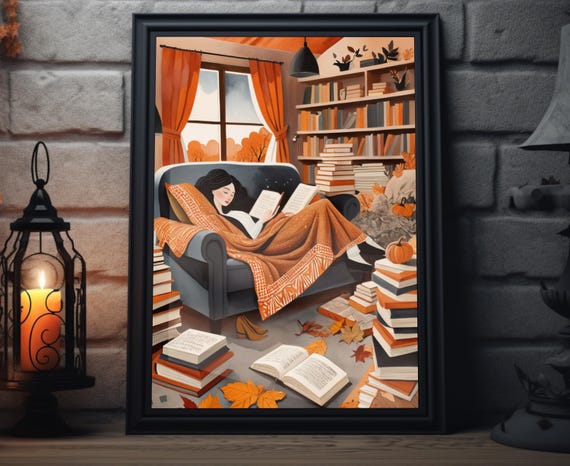 Fall Bookworm Abstract Folk Art Woman Reading Art Print