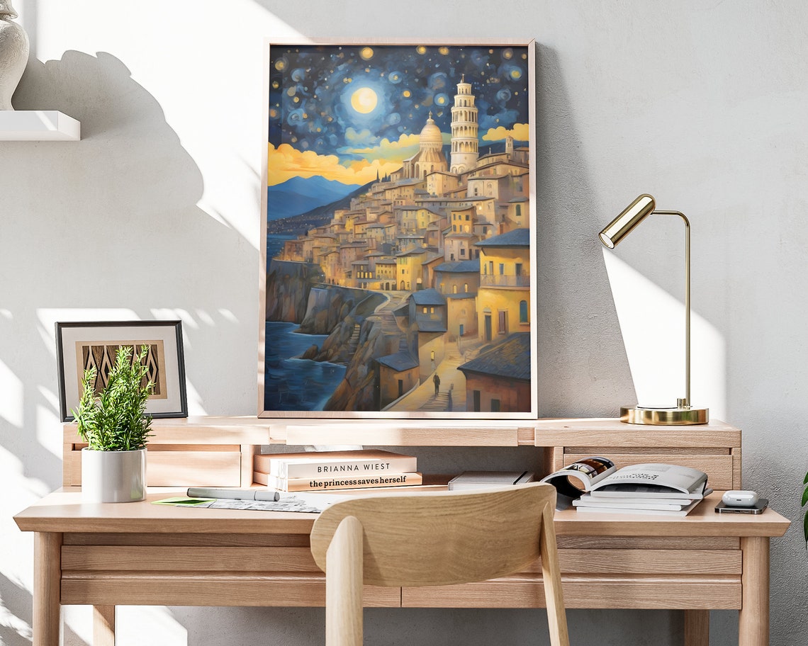 Italy Starry Night Matte Wall Art Italian Lakeview Artwork Leaning Tower Of Pisa Print Italy Painting Italian Decor Italy Art Poster - Image 3