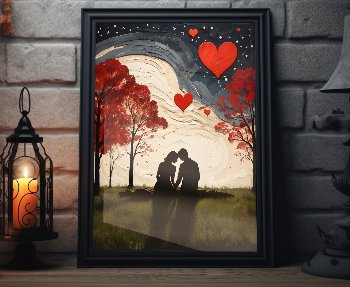 Valentines Couple Silhouette Giant Moon Red Trees Romantic Art Poster