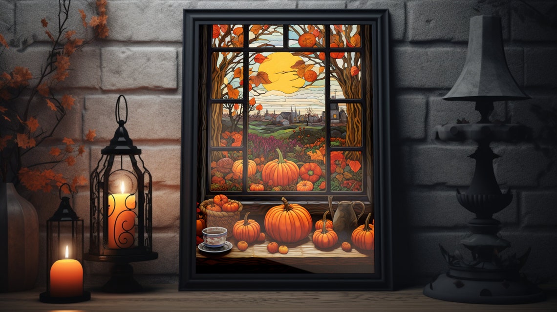 Autumn Pumpkin Patch Window View Thanksgiving Folk Art Poster