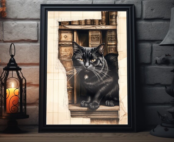 Black Cat Peeking From Vintage Library Nook Sketch Art Poster