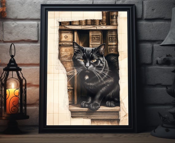 Black Cat Sketch Art Print Vintage Library Bookshelf Decor Cozy Feline Illustration Book Lover Gift Unique Home Decor For Cat Fans