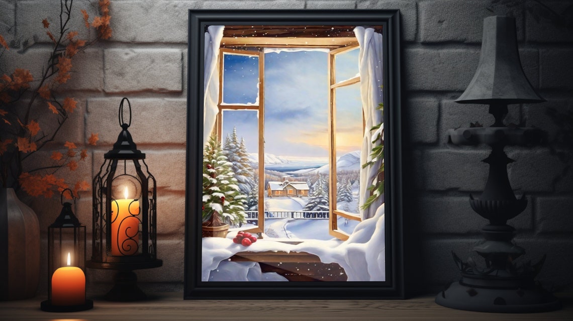 Snowy Winter View Through Open Window Cabin Mountains Wall Art