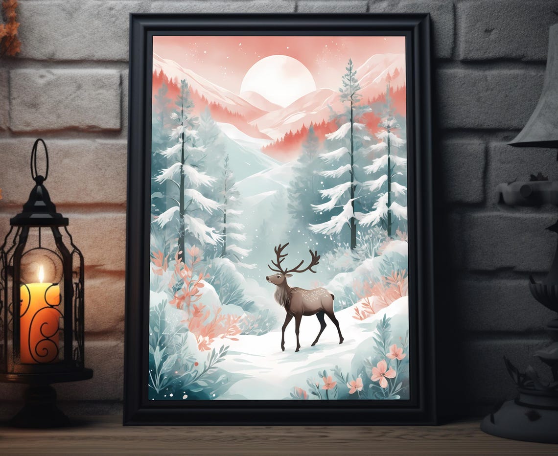 Deer In Snowy Forest Valley Under Pink Moon Winter Art Poster