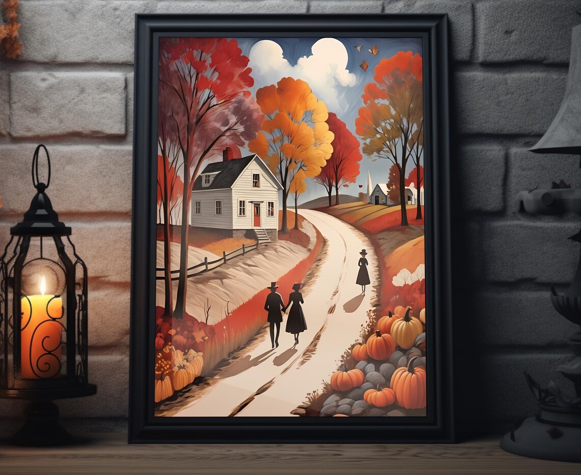 Autumn Walk Country Road Farmhouse Pumpkins Couple Fall Poster