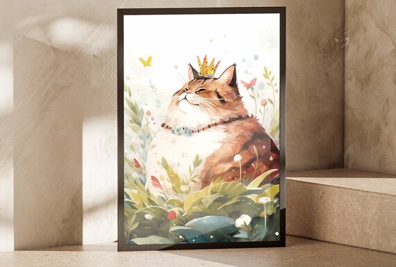 Chubby Crowned Cat Watercolor Flower Garden Butterflies Cute Animal Poster