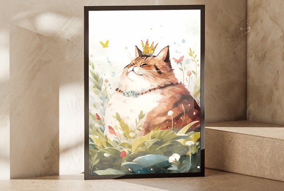 Watercolor Painting Poster Majestic Fat Cat Wearing A Crown In Claude Monets Floral Style Ideal Gift For Nature And Animal Lovers