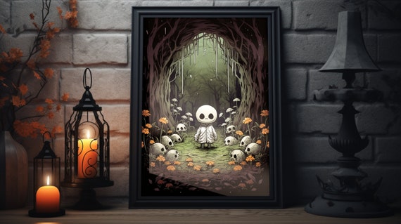 Cute Ghost Halloween Scene Unframed Poster Original And Cute Wall Art For A Spooky Vibe
