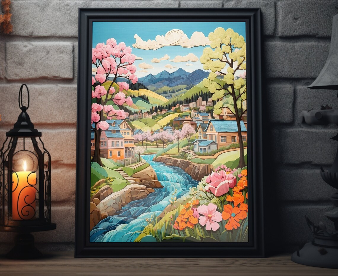 Spring River Village Blossom Tree Flowers 3D Paper Cut Art Poster