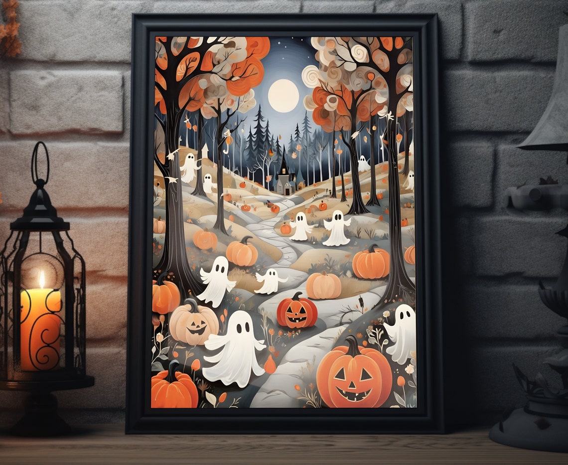 Cute Halloween Ghosts Jack-O-Lanterns Moonlit Forest Art Poster