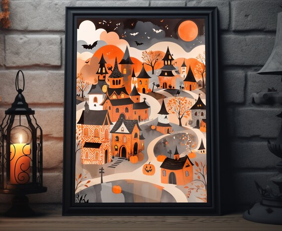 Orange Halloween Town Patterned Houses Bats Moonlit Night Poster