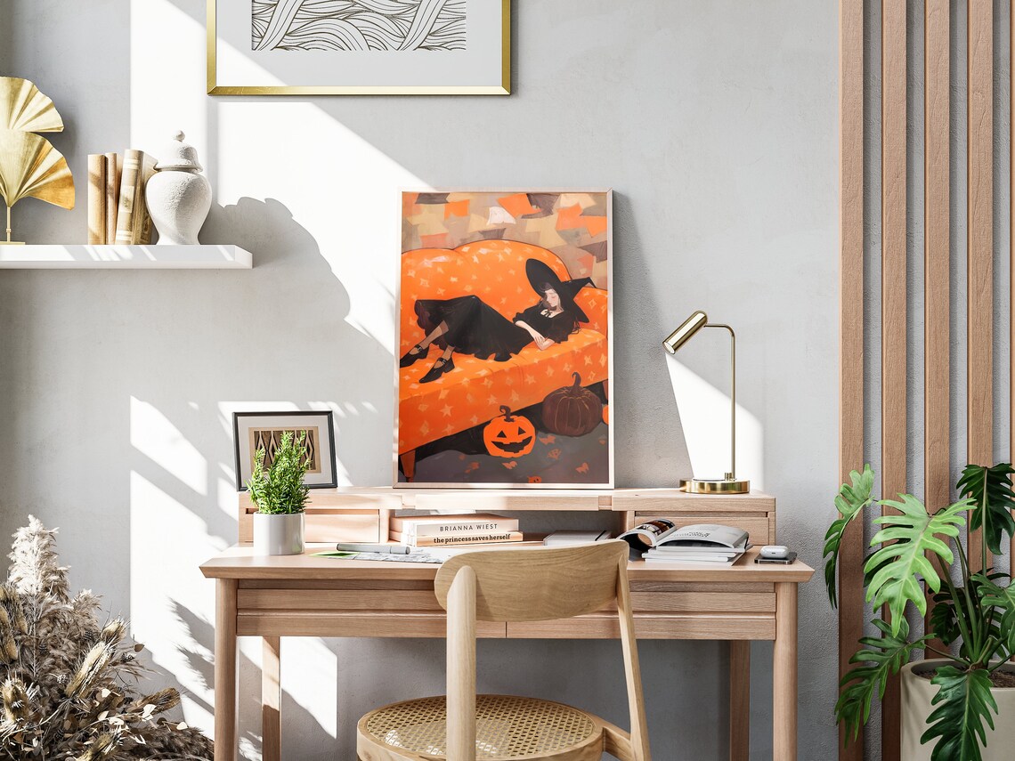 Lounging Witch On Pumpkin Star Couch Jack O Lanterns Halloween Art Poster - Image 4