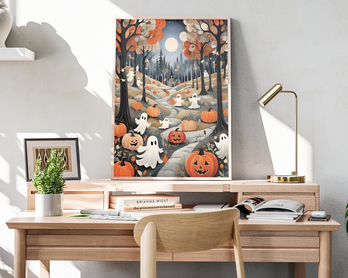 Cute Halloween Ghosts Jack-O-Lanterns Moonlit Forest Art Poster - Image 4